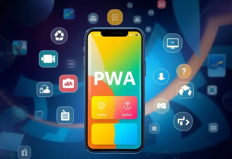 Telefon z napisem PWA, otoczony ikonami symbolizującymi różne funkcje aplikacji webowych.