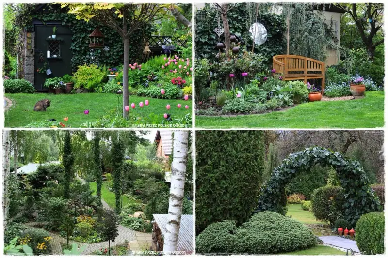 Cztery ujęcia ogrodów pełnych zieleni i kwitnących roślin łąkowych. Widać tu tulipany, ławkę, domek ogrodowy i łuk porośnięty bluszczem.