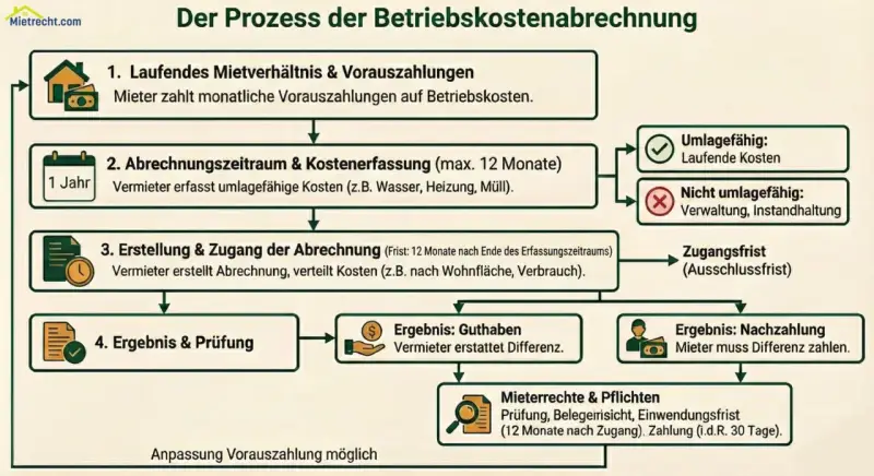 Flussdiagramm erklärt den Prozess der Betriebskostenabrechnung, damit Mieter ihre Abrechnung verstehen. Es zeigt Schritte von Vorauszahlungen bis zum Ergebnis.