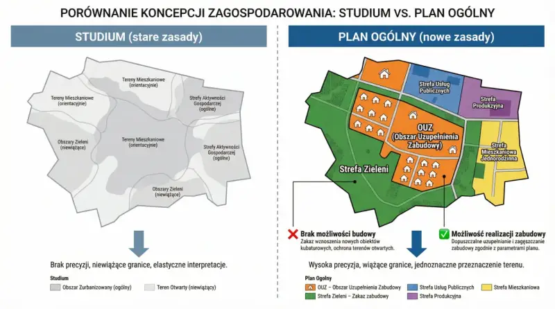 Porównanie studium (stare zasady) i planu ogólnego (nowe zasady). Brak planu ogólnego w Twojej gminie zamrozi budowę domu na lata.