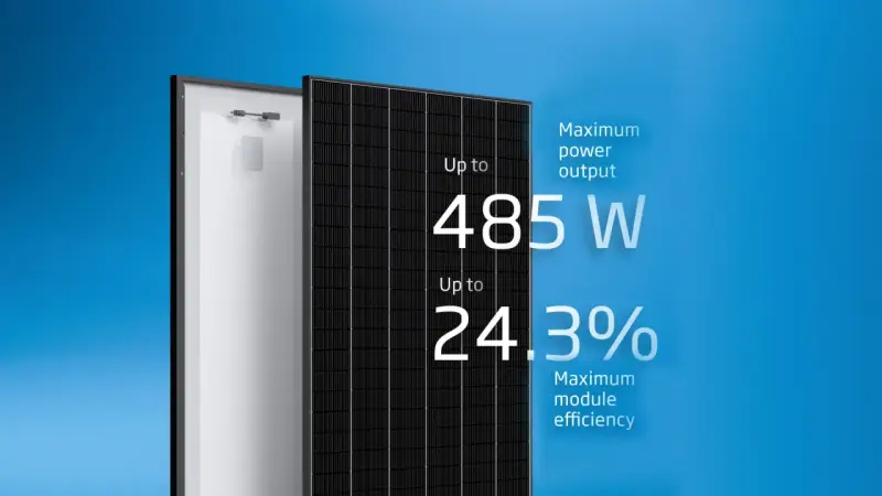 Två solpaneler från Trina Solar, en med baksidan synlig, visar upp till 485W effekt och 24.3% verkningsgrad.