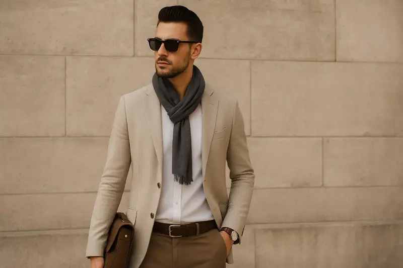 Uomo con blazer beige, sciarpa grigia e occhiali da sole. Un look elegante chic per un dress code uomo.