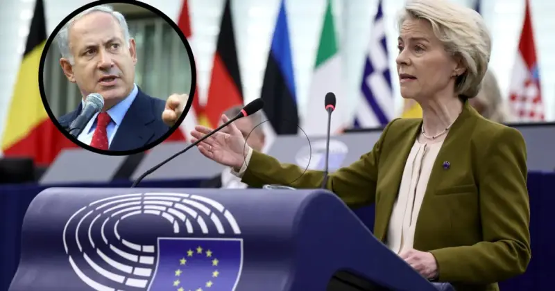 Ursula von der Leyen przemawia na tle flag państwowych, podczas gdy w okręgu widać Benjamina Netanjahu. Czy Izrael to kontynent?