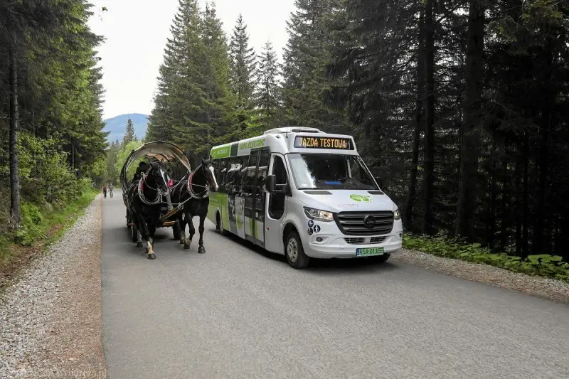 Konny zaprzęg i elektryczny bus na drodze do Morskiego Oka. Bilety na przejazd można kupić w kasie.