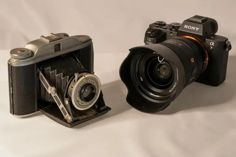Stary aparat mieszkowy obok nowoczesnego Sony Alpha. Jaki aparat na początek? Oba są ciekawe.
