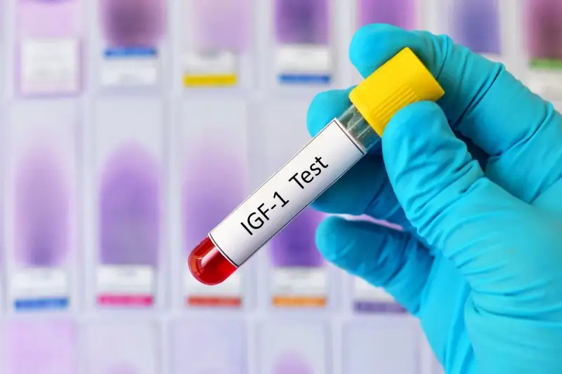 Ręka w niebieskiej rękawiczce trzyma probówkę z napisem "IGF-1 Test" na tle szkiełek laboratoryjnych.