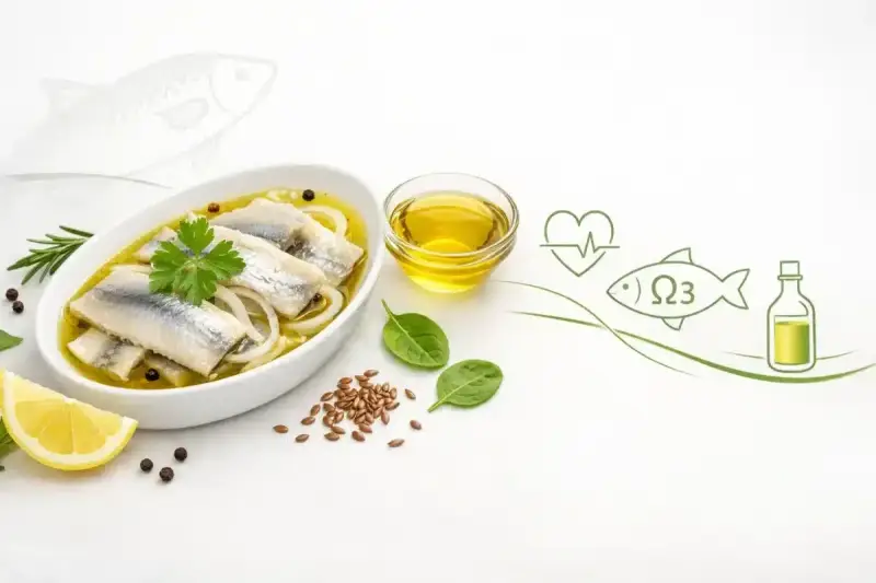 Śledzie w oleju, bogate w Omega-3, są zdrowe dla serca. Na talerzu śledzie z cebulą, cytryną i ziołami.