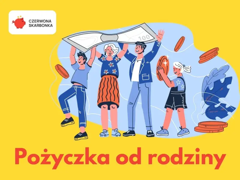Rodzina świętuje pożyczkę od bliskich. Trzymają banknot i monety, symbolizując wsparcie finansowe.
