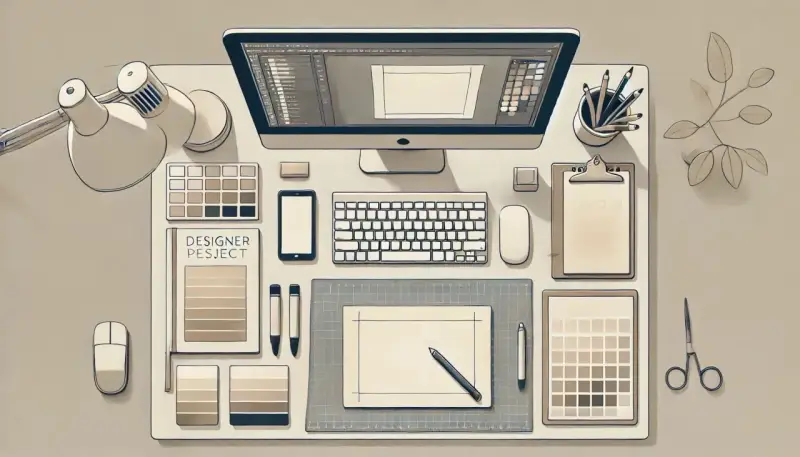 Biurko grafika: monitor, klawiatura, myszki, tablet graficzny, próbki kolorów, lampka. Idealne miejsce do pracy nad wzornictwem.