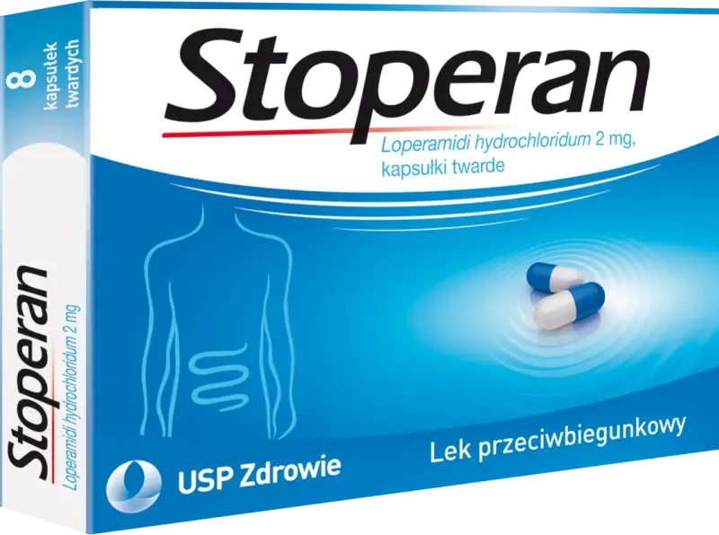 Opakowanie leku Stoperan, zawierające 8 kapsułek twardych. Na niebieskim tle widnieje schemat układu pokarmowego i dwie kapsułki.