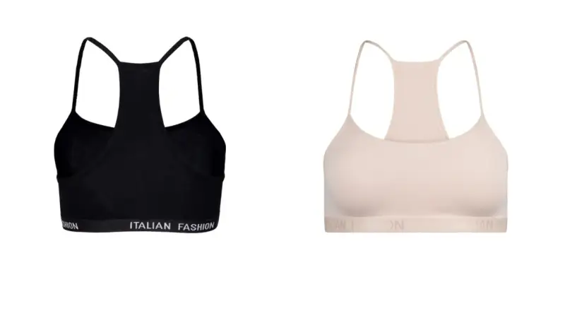 Czarny i beżowy biustonosz sportowy z napisem "ITALIAN FASHION". Idealny pierwszy biustonosz dla młodej kobiety.