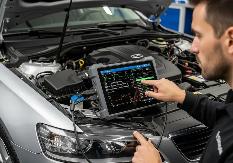 Mechanik diagnozuje problem z samochodem, używając testera do sprawdzenia ECU. Na ekranie widać wykresy parametrów silnika.