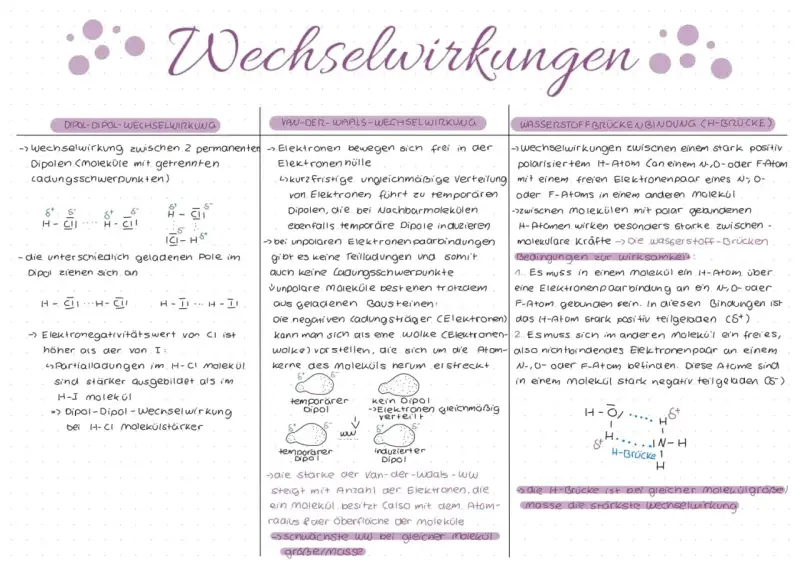 Organische Verbindung: Dipol-Dipol-Wechselwirkung zwischen polaren Molekülen, Van-der-Waals-Wechselwirkung bei unpolaren Molekülen und Wasserstoffbrückenbindungen.