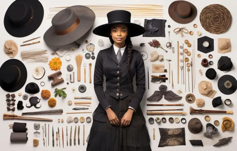 Une jeune femme, une modiste, pose entourée d'outils et de matériaux pour la création de chapeaux.