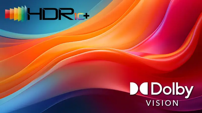 Abstrakte, fließende Formen in leuchtenden Orange-, Rot- und Blautönen. Das HDR10+ und Dolby Vision Logo sind prominent platziert.