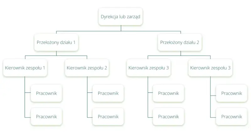 Schemat przedstawia strukturę organizacyjną firmy: Dyrekcja, Przełożeni działów, Kierownicy zespołów i Pracownicy.