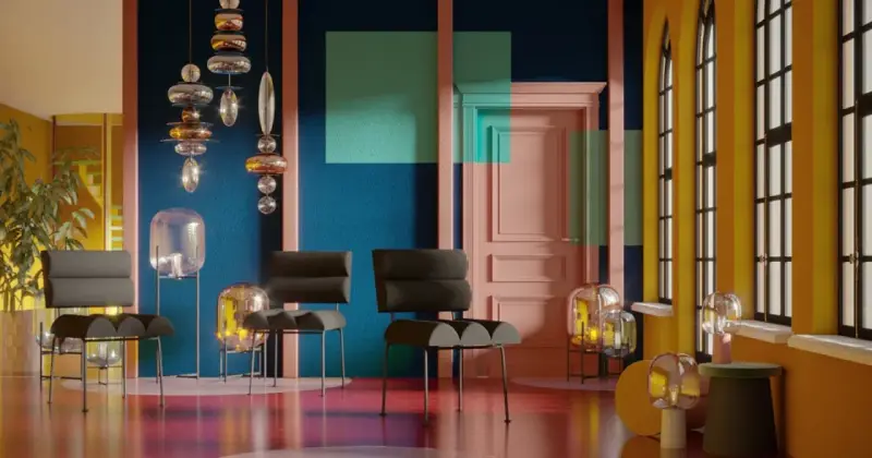 Nowoczesne wnętrze z designerskimi meblami i lampami, gdzie dominują ciepłe kolory: żółty, pomarańczowy i różowy, kontrastujące z granatową ścianą.