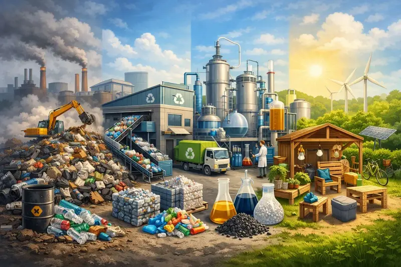 Od zanieczyszczonych fabryk po czystą energię i recykling. Obraz pokazuje różne poziomy recyklingu i jego wpływ na środowisko.