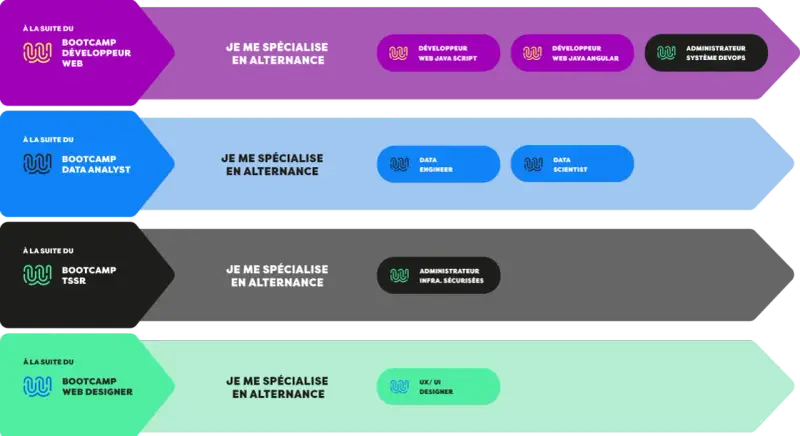 Parcours de formation en ligne : après un bootcamp Data Analyst, spécialisez-vous en alternance en Data Engineer ou Data Scientist.