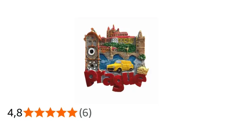 Magnes z widokiem Pragi, mostem, żółtym samochodem i napisem "Prague". Zastanawiasz się, ile kosztuje magnes w Pradze?