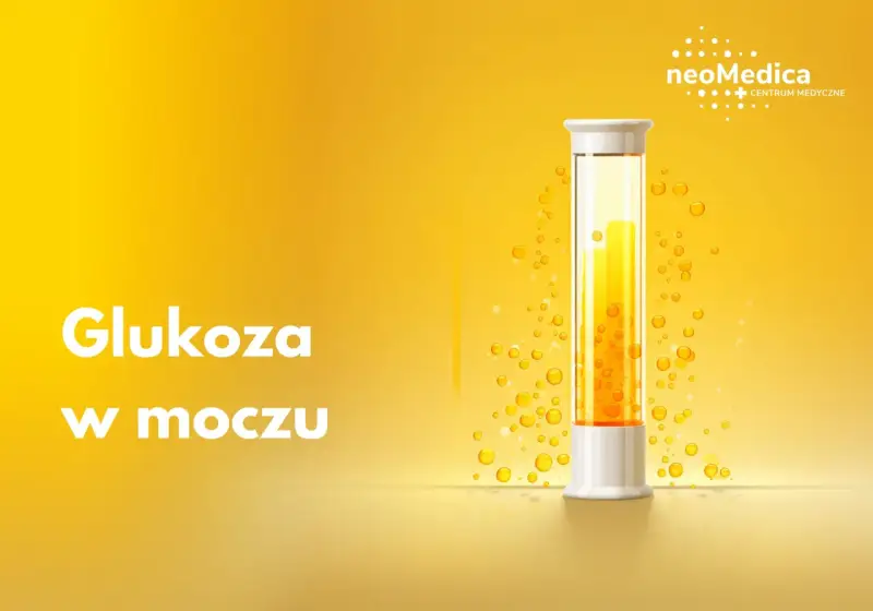 Biały napis "Glukoza w moczu" na żółtym tle. Obok probówka z żółtym płynem i pęcherzykami.