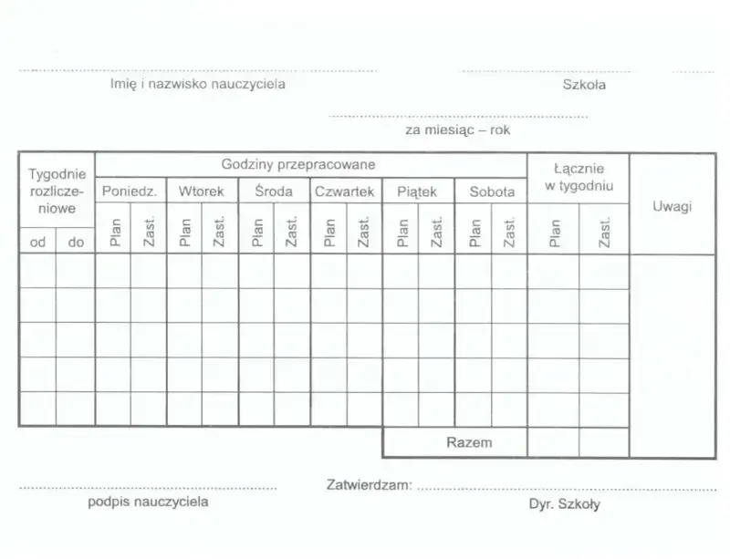 Tabela do rozliczania godzin pracy pedagoga specjalnego. Określa etat pedagoga specjalnego ile godzin przepracowano w tygodniu.