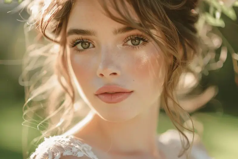 Un maquillage glowy mariage parfait pour une mariée radieuse, avec des joues rosées et un éclat naturel.