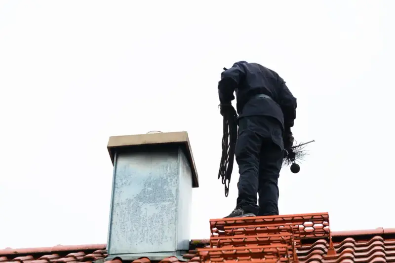 Kominiarz na dachu z narzędziami. Sprawdź, jaka jest opinia kominiarska cena za jego usługi.