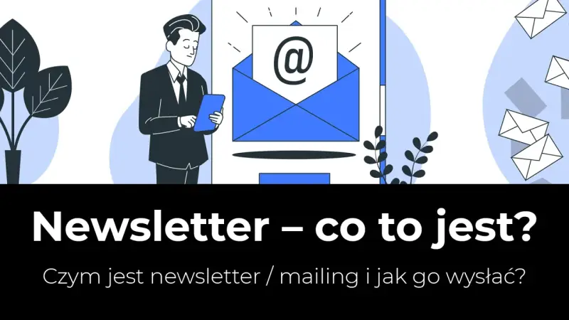 Ilustracja wyjaśnia, newsletter co to jest. Mężczyzna z tabletem patrzy na ikonę koperty z symbolem @.