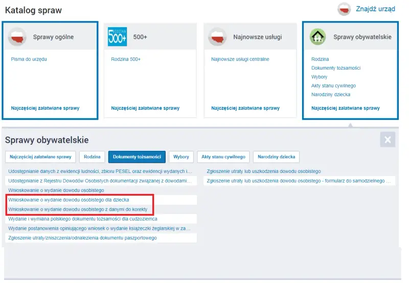Wnioskowanie o wydanie dowodu osobistego dla dziecka online. Sekcja "Sprawy obywatelskie" zawiera opcję wnioskowania o dokument dla dziecka.
