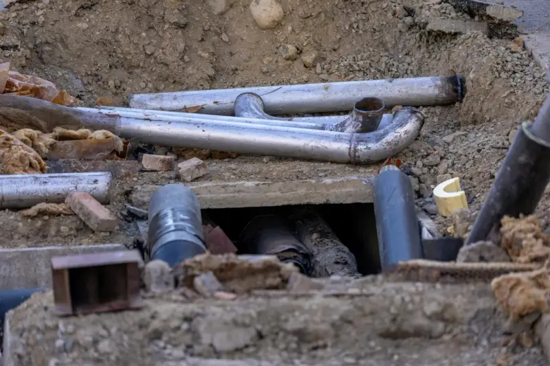 Metalowe rury tworzą skomplikowane przyłącze kanalizacyjne w wykopie. Widać fragmenty izolacji i gruzu.