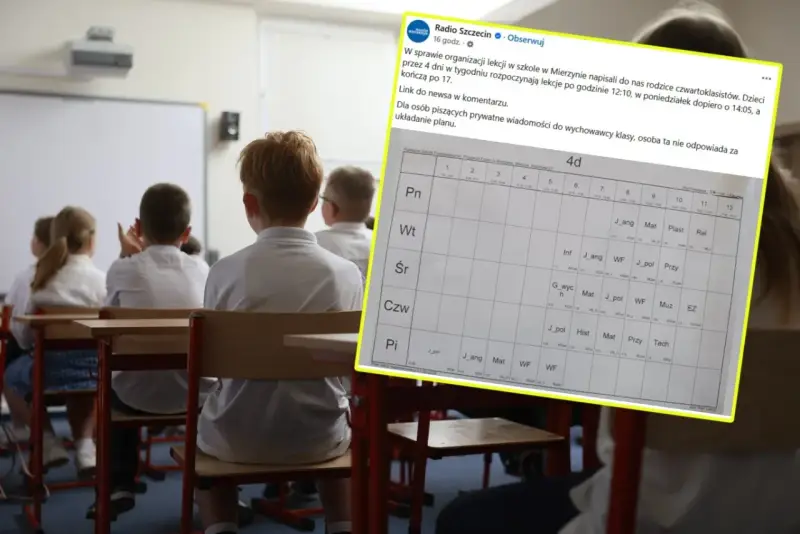 Uczniowie klasy 6 siedzą w ławkach, patrząc na plan lekcji. Widać zajęcia z języka angielskiego, matematyki i WF.