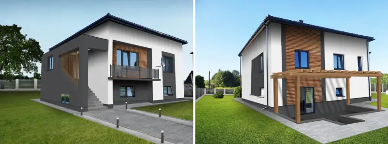 Nowoczesny projekt elewacji starego domu z drewnianymi akcentami i betonowymi elementami.