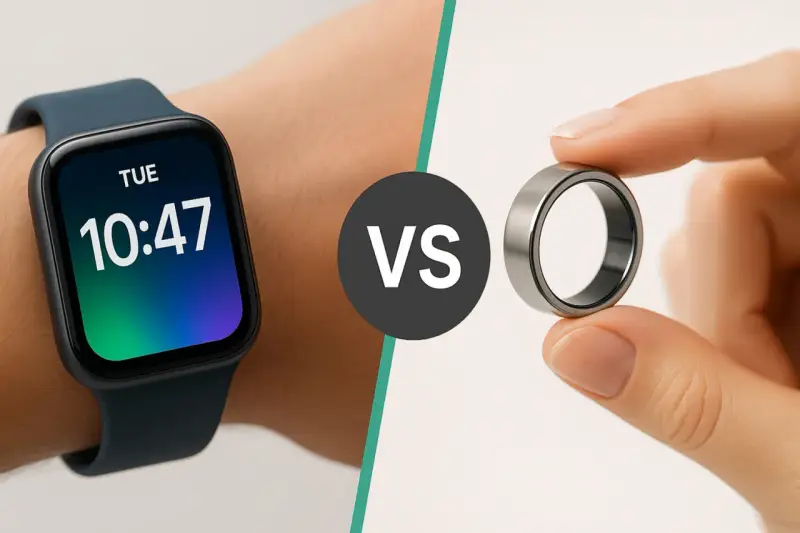 Eine Smartwatch am Handgelenk zeigt die Uhrzeit. Daneben hält eine Hand einen smarten Ring. Was ist eine Smartwatch?