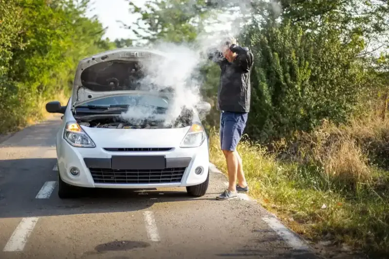 Mężczyzna z rozpaczą w rękach przy samochodzie z dymiącym silnikiem. Rozbiegany diesel na poboczu drogi.