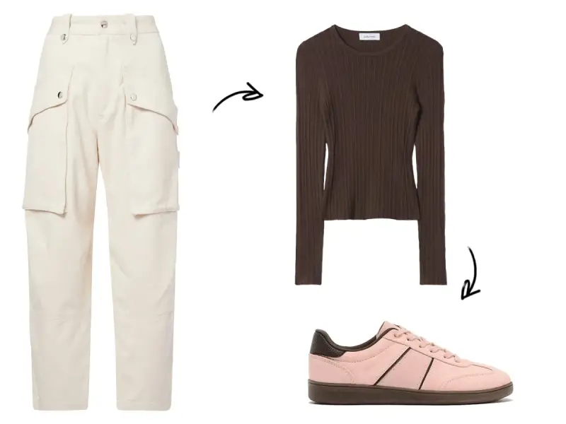 Outfit con pantaloni cargo color crema, maglia marrone a coste e sneakers rosa.