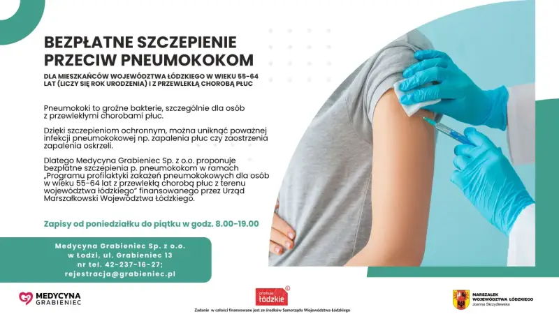 Bezpieczne szczepienie przeciw pneumokokom dla mieszkańców woj. łódzkiego 55-64 lat z chorobami płuc. Zapisy na bezpłatną pneumokoki szczepionkę.