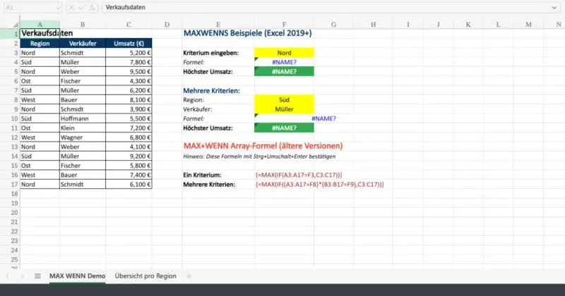 Excel-Tabelle mit Verkaufsdaten. Zeigt Beispiele für MAXWENN-Formeln, um den höchsten Umsatz nach Region und Verkäufer zu finden.