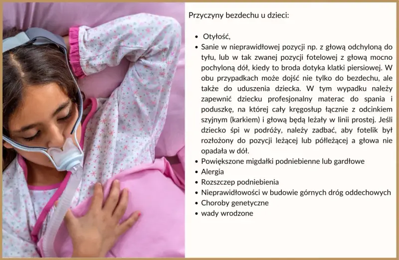 Dziecko z maską CPAP, które może mieć bezdech. Na ekranie lista przyczyn bezdechu u dziecka.
