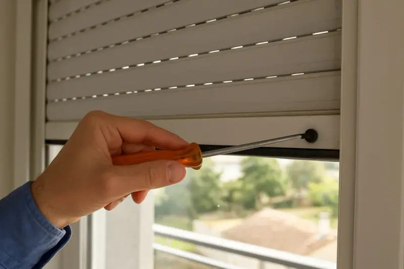 Main tenant, une personne utilise un tournevis pour réparer un volet roulant qui ne s'ouvre pas complètement.