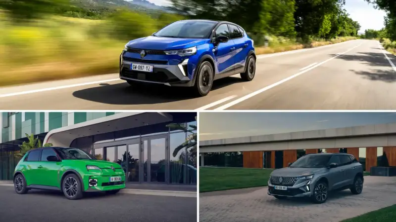 Trzy różne **Renault modele**: niebieski SUV na drodze, zielony kompaktowy samochód przed budynkiem i szary SUV na podjeździe.