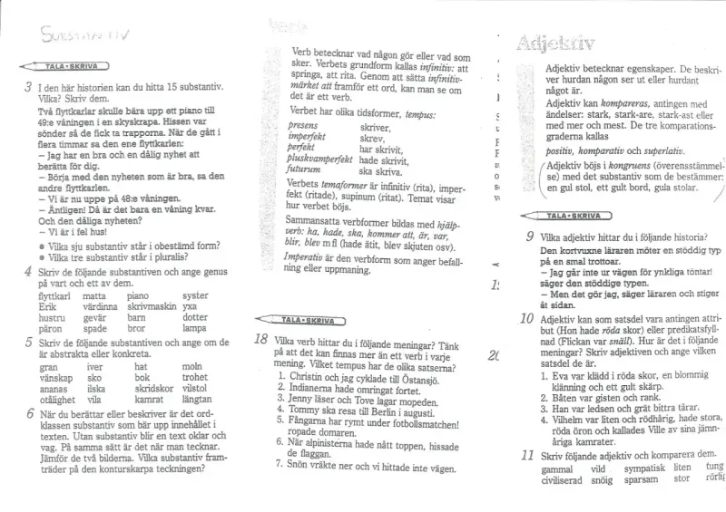 Svenska ordklasser: substantiv, verb och adjektiv förklaras. Exempel på hur de används i meningar ges.