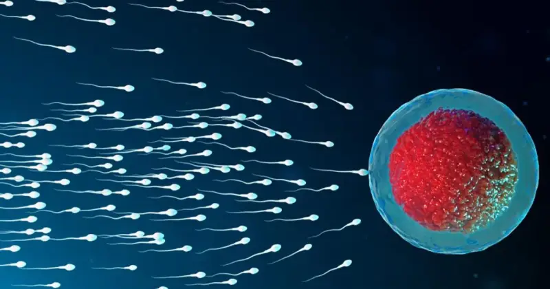 Wiele plemników dąży do komórki jajowej, symbolizując początek implantacji zarodka.