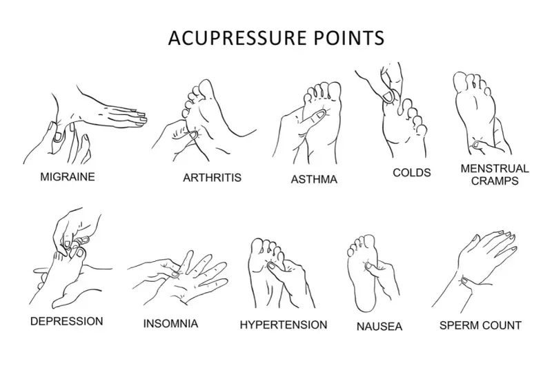 Illustration zeigt akupressur druckpunkte für Migräne, Arthritis, Asthma, Erkältungen, Menstruationsbeschwerden, Depressionen, Schlaflosigkeit, Bluthochdruck, Übelkeit und Spermienzahl.