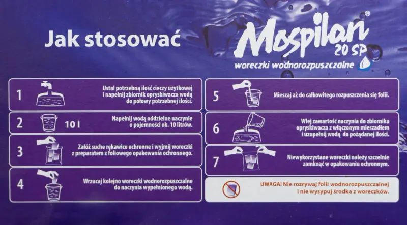Instrukcja stosowania Mospilan 20 SP: 1 woreczek na 10 litrów wody. Woreczki wodnorozpuszczalne dodawać do naczynia z wodą.