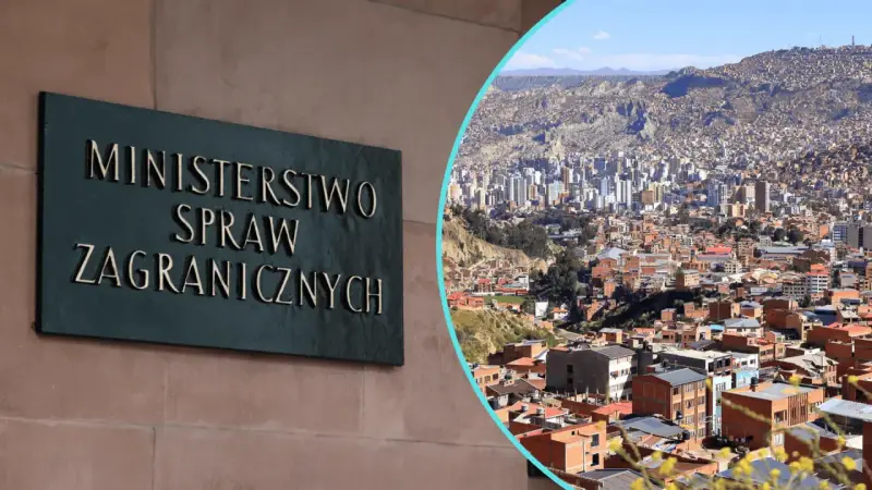 Tablica "Ministerstwo Spraw Zagranicznych" obok panoramy miasta, gdzie nie jechać.