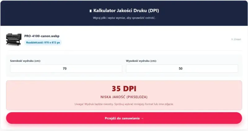 Kalkulator DPI pokazuje, że przy rozmiarach 70x50 cm wydruk będzie miał niską jakość 35 DPI.