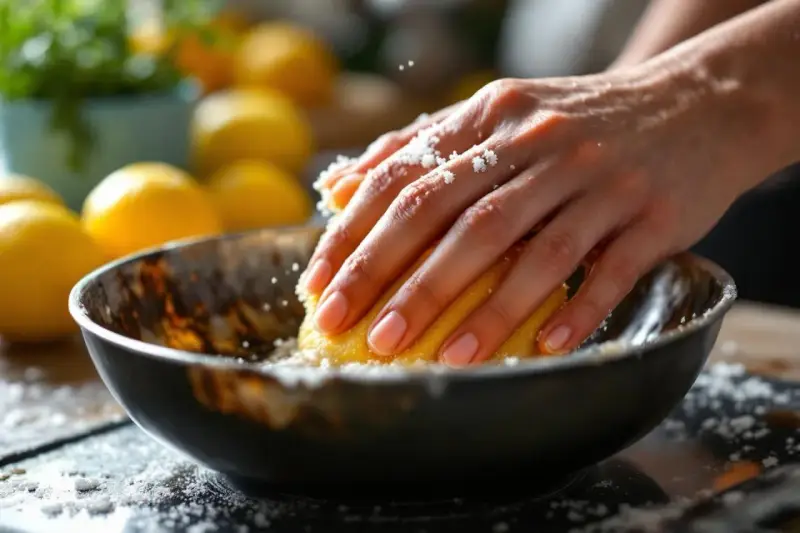 Mains frottant un citron sur un bol en cuivre pour désoxyder le cuivre. Des grains blancs tombent.