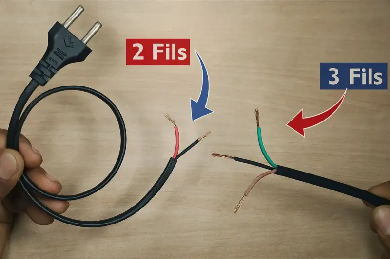 Câble électrique avec prise, comparant un branchement interrupteur 2 fils et un 3 fils avec terre.