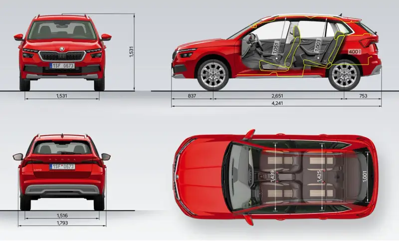 Skoda Kamiq wymiary: widok z przodu, boku, tyłu i z góry z zaznaczonymi wymiarami wnętrza i nadwozia.